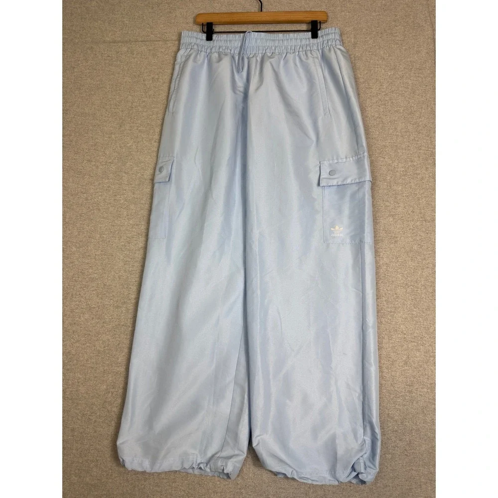 Adidas Essentials Wide Hem Woven Cargo Pants Womens XL Clear Sky Blue Cinch Leg